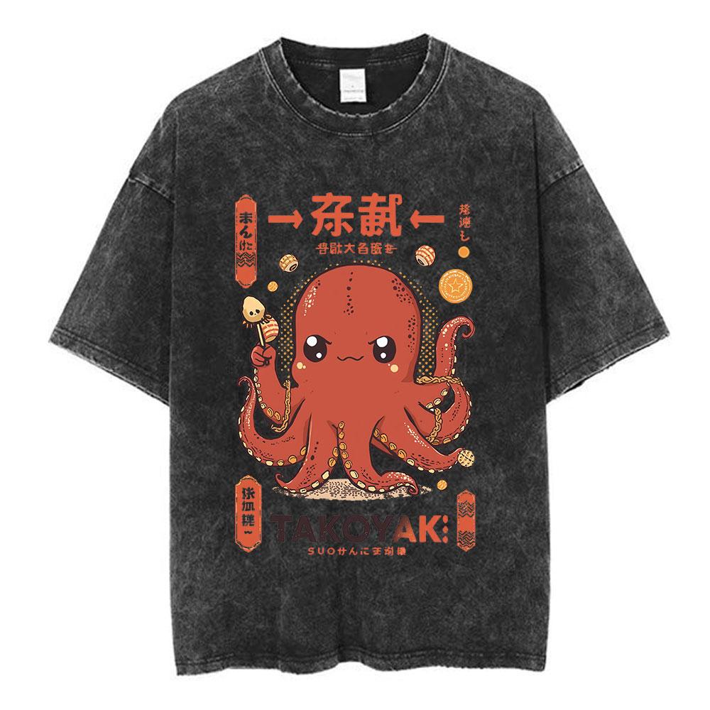 Japanese Octo Beats Osaka Dotonbori Drunken Octopus Funny T Shirts Men Women Vintage Washed Oversized Cotton TShirts Streetwear