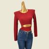 Fashion Style Round Neck Cut Out Dew Firm Abs Long Sleeves Blouse Slim Fit Inner Wear Shirt Base Autumn Short Knitwear
