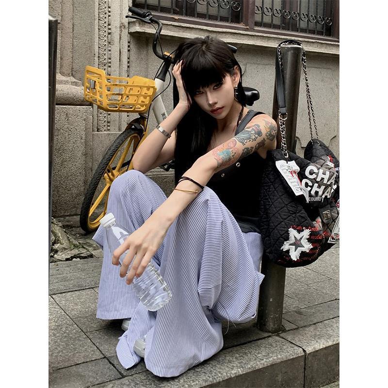 INS Ленивый Стиль Полосатые Многослойные Широкие Брюки с Завязками с Высокой Посадкой Повседневные Брюки в Пол