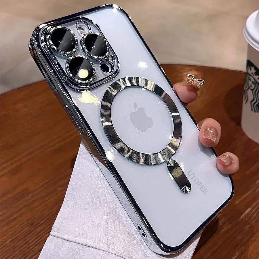 Luxury New Clear Lens Film Magnetic Case For IPhone 15 14 13 12 11 Pro Max Plus Plating Wireless Charging Shockproof Cover