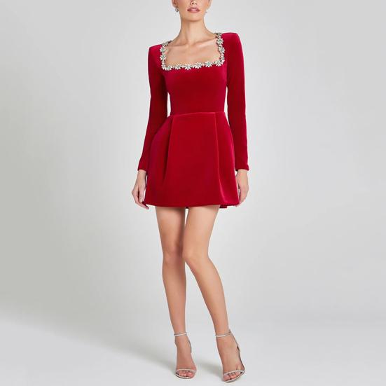 Женское мини-платье с квадратным воротником, длинным рукавом, декором из бисера и цветов, короткое платье с высокой талией и длиной выше колена