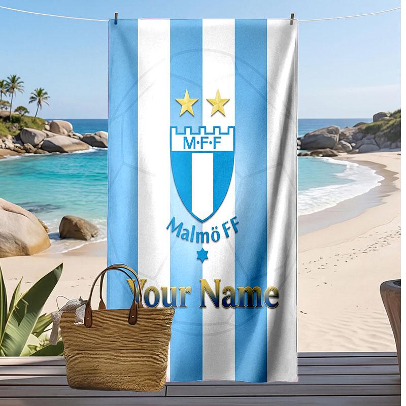 Malmö FF Personalized Printed Beach Towel Soccer Logo Support Custom Name Text Absorbent Towel For Sport Travel Special Gift