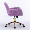 Fluffy Faux Rabbit Hair Vanity Chair, Violet Adjustable Height 360 degrees Swivel Home Office Chair with Armrest, Golden Metal Rolling Base,DE1831VT