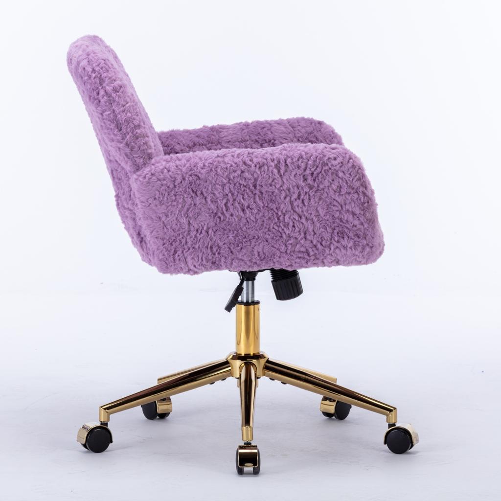 Fluffy Faux Rabbit Hair Vanity Chair, Violet Adjustable Height 360 degrees Swivel Home Office Chair with Armrest, Golden Metal Rolling Base,DE1831VT
