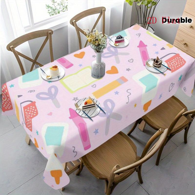 2D Flat 1pc- Festive Table Decoration Fabric Tablecloth with Cute Stationery Patterns, Pink Tones, Cartoon Style, Full of Childlike Charm. Can Be Used