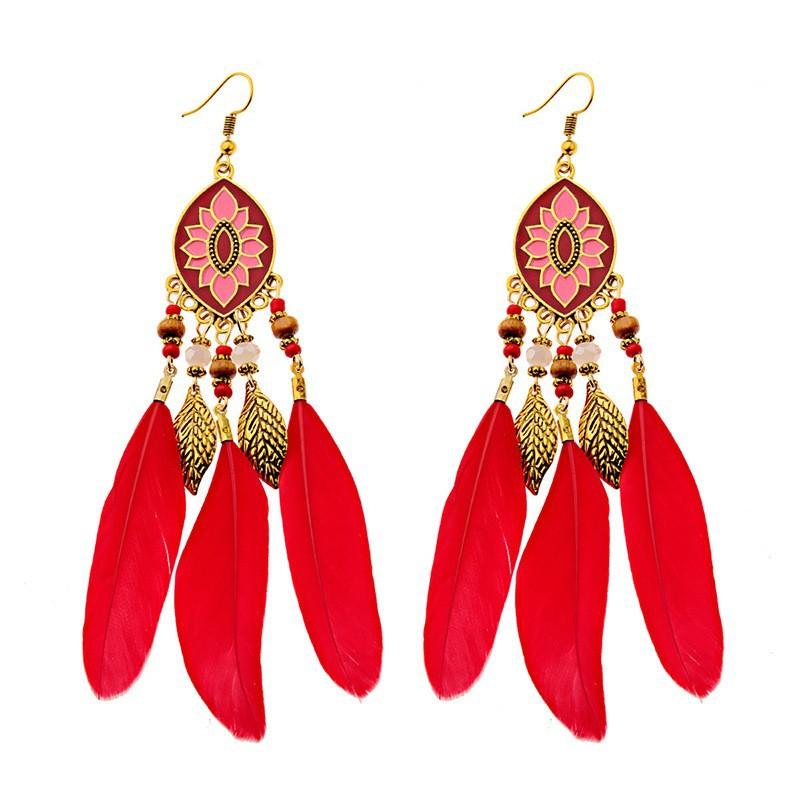 Этнический стиль длинные серьги с перьями и бахромой красные женские модные ретро-серьги в национальном стиле праздничные фотоукрашения