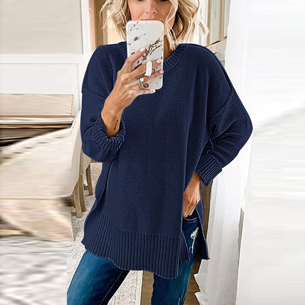 Женский модный однотонный свитер с круглым вырезом и длинным рукавом, пуловер, топ