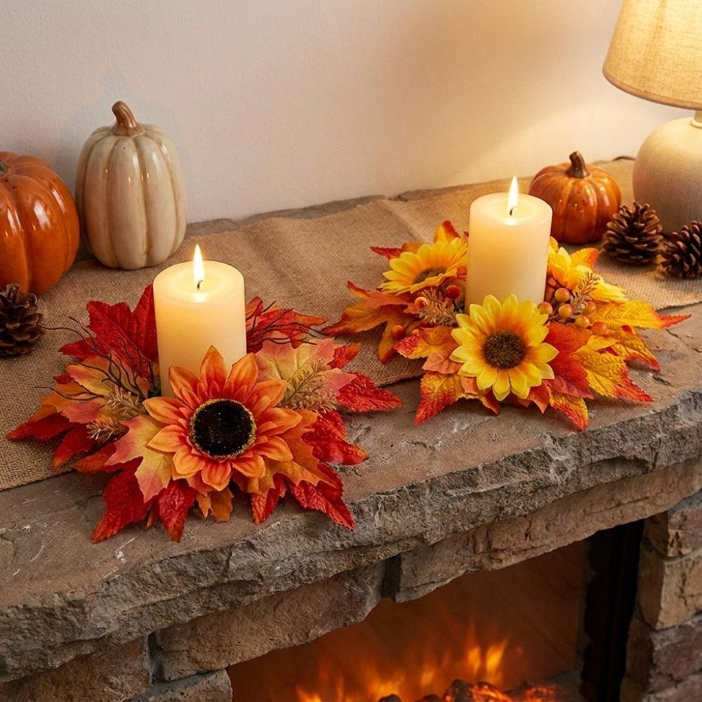 Fade Resistant Sunflower Maple Candle Ring Wreath Fall Decoration
