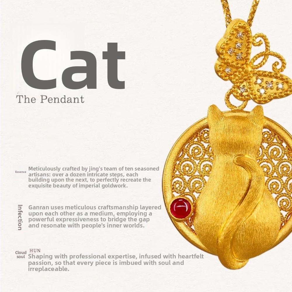 Vintage Cat Necklace for Women Hand Drawn Ancient Gold Craft with Micro Diamond Inlaid Butterfly Pendant