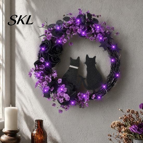 Black Cat Wreath with Lights Halloween Floral Garland, String Lights, Silhouette Romantic Decor Wreath, for Front Door Indoor Outdoor Wall Spooky And