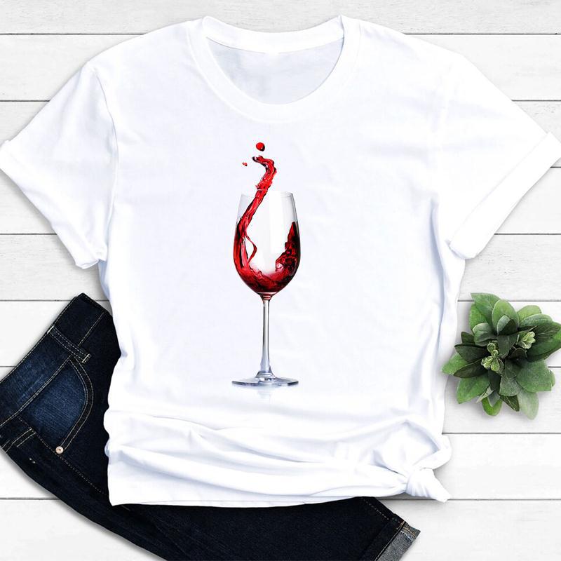 Women's Vintage Tee Color Wine Glass Print a Generation Hair Base Shirt Trend Aesthetic Graphic T Shirts Casual Tops