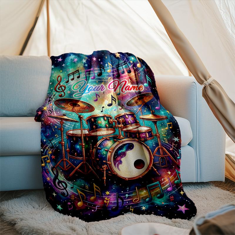 1PC Custom Name Music Drum Fantasy Night flannel blanket versatile,all-season throw suitable for the living room,bedroom,camping,travel,and gift