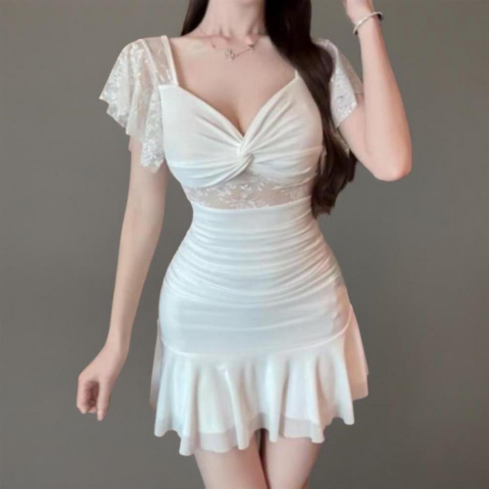 New Arrivals Open Run Women Heart Neck Lace Mini Dress Shirring Mesh Glamfit