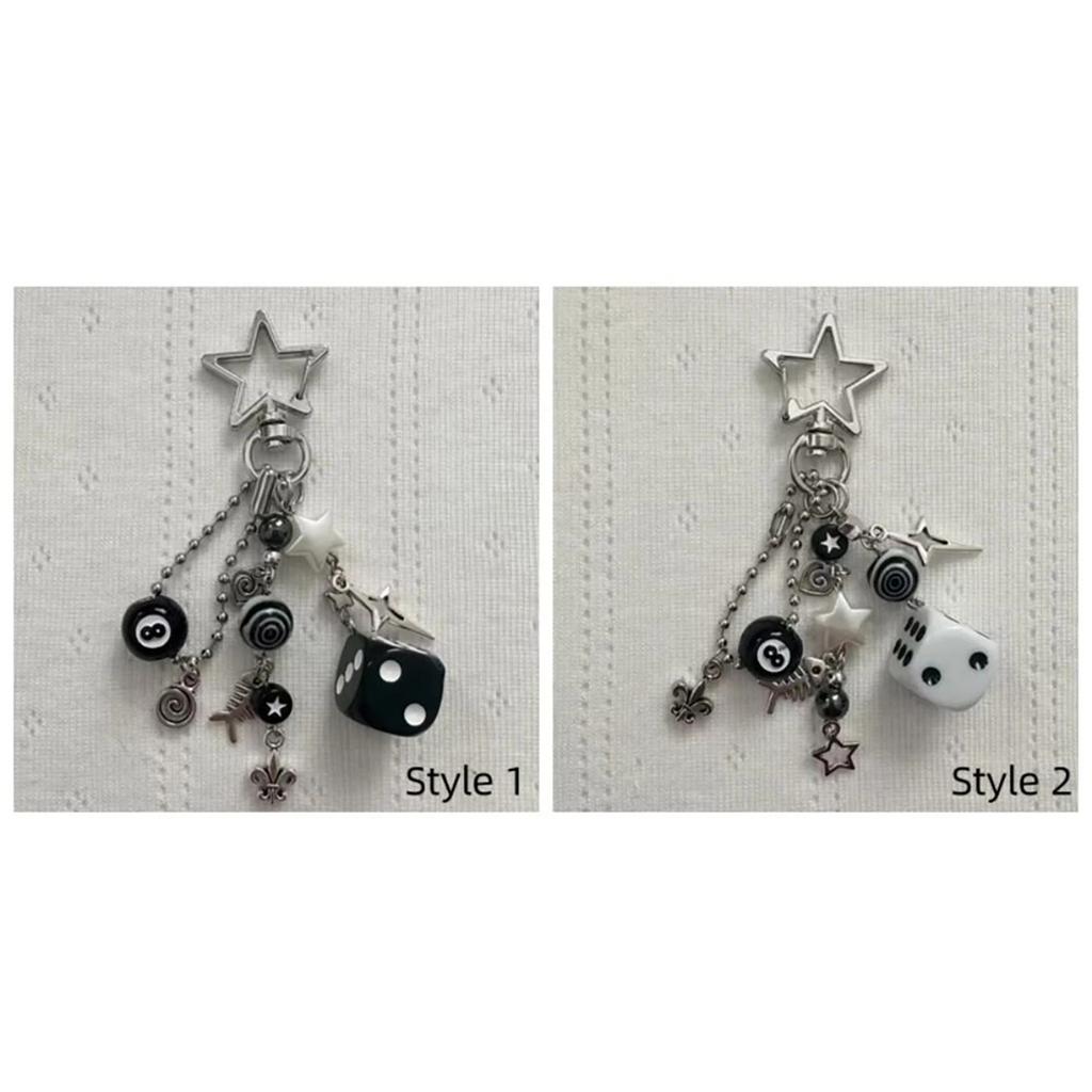 Handmade cluttered rockstar gf edgy black black & white dice keychains grunge, deftones, beaded jewelry, bag pendant, emo, ,