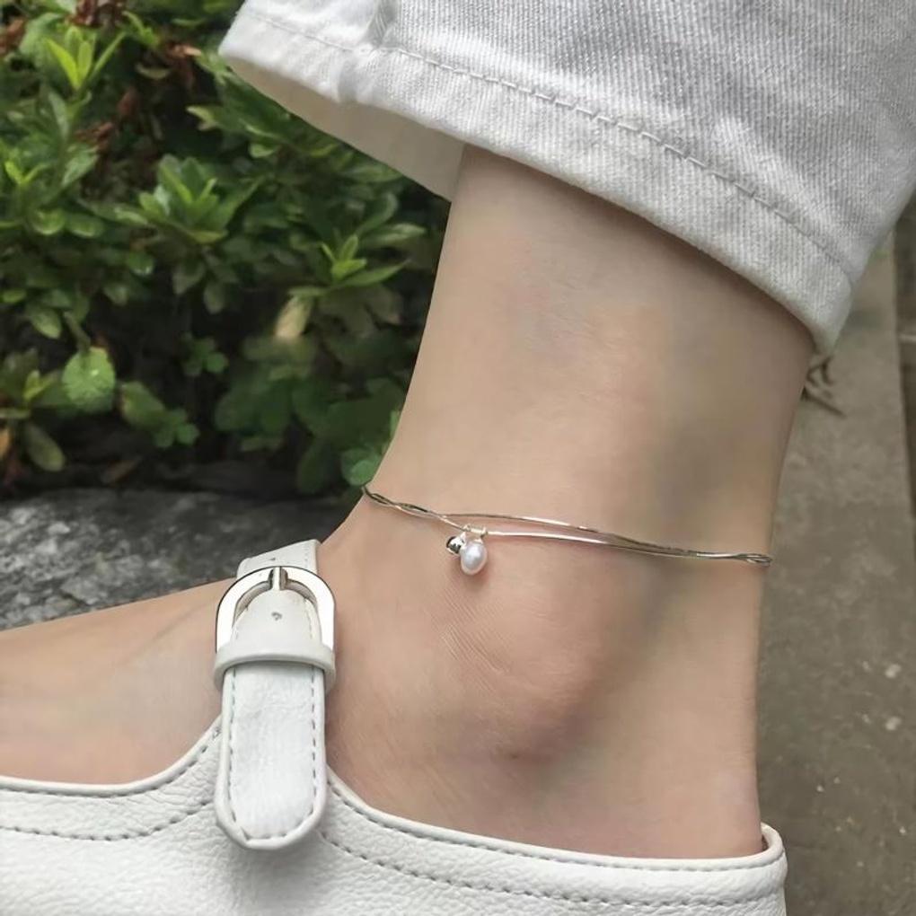 Women's Silver 925 Double Pearl Snake Chain Double Anklet