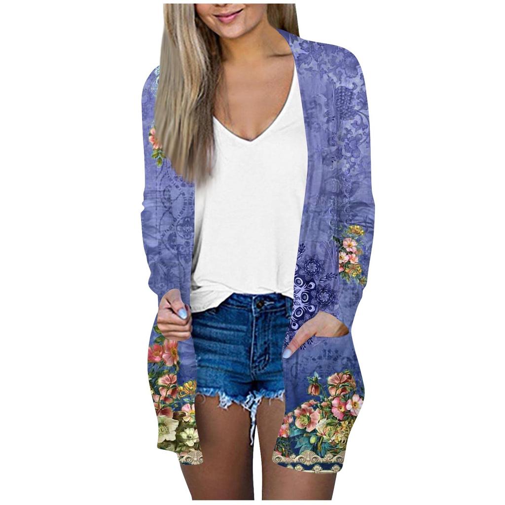 Women's Fashion Loose Casual Pocket Flower Print Long Sleeve Cardigan Jacket Tops