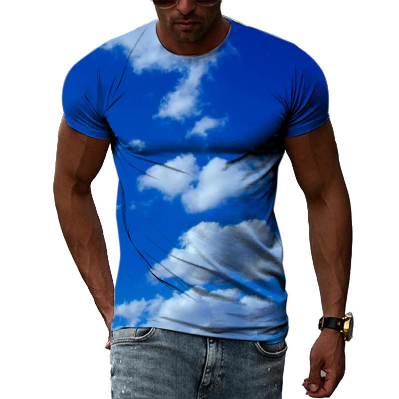 Летние мужские футболки с голубым небом и белыми облаками с 3D принтом, модные повседневные индивидуальные простые футболки с короткими рукавами и круглым вырезом, топы