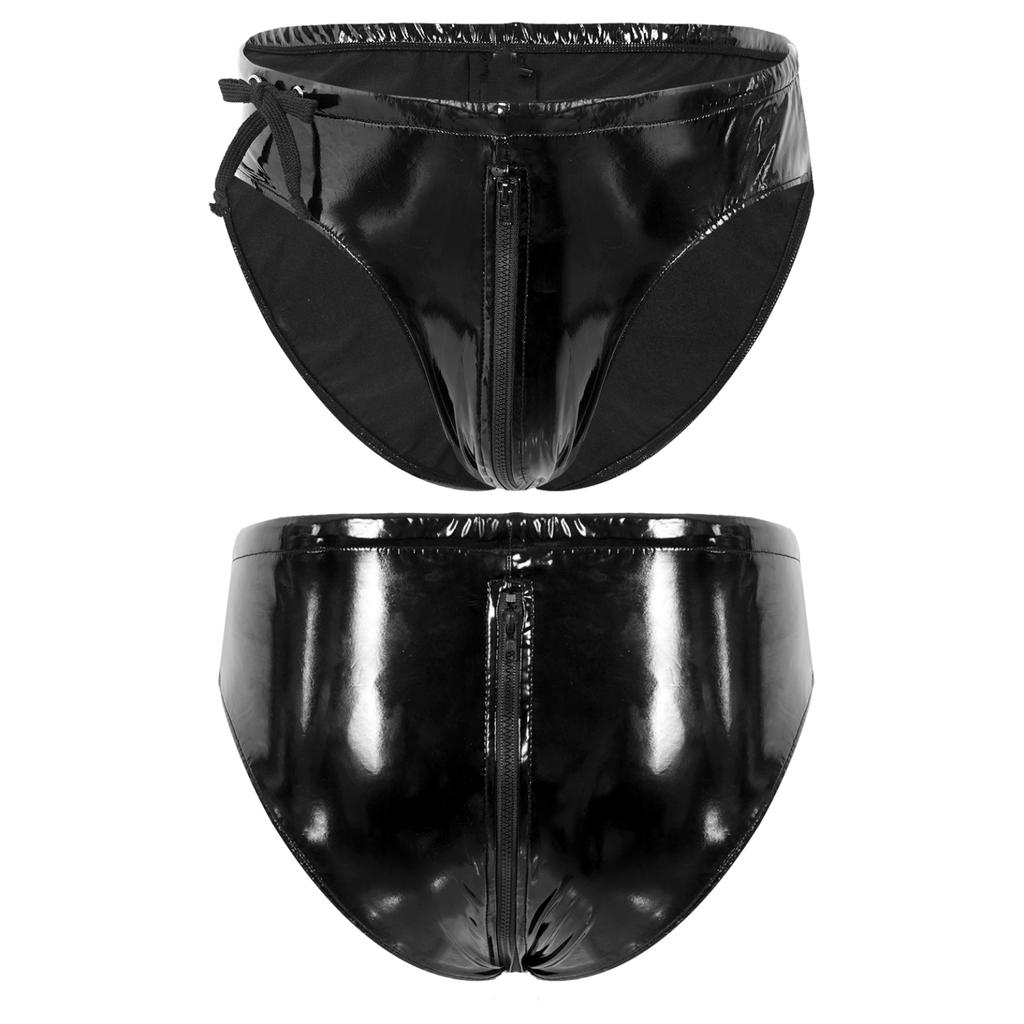 Mens Low Waist Zipper Briefs Wet Look Patent Leather Underwear Club Stage Show Costume