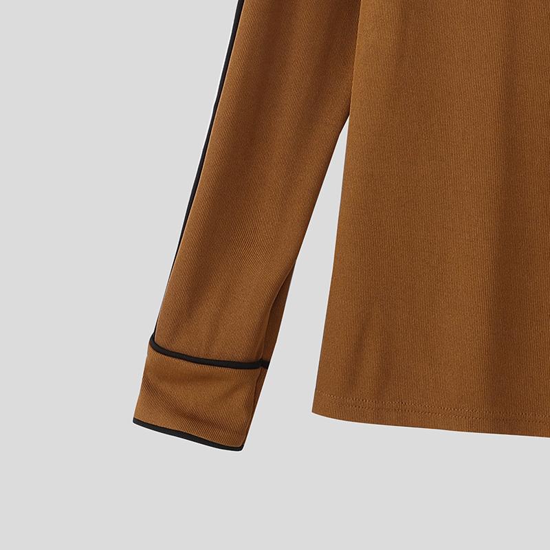 INCERUN Осенние мужские футболки с отложным воротником, длинными рукавами, в рубчик, повседневные