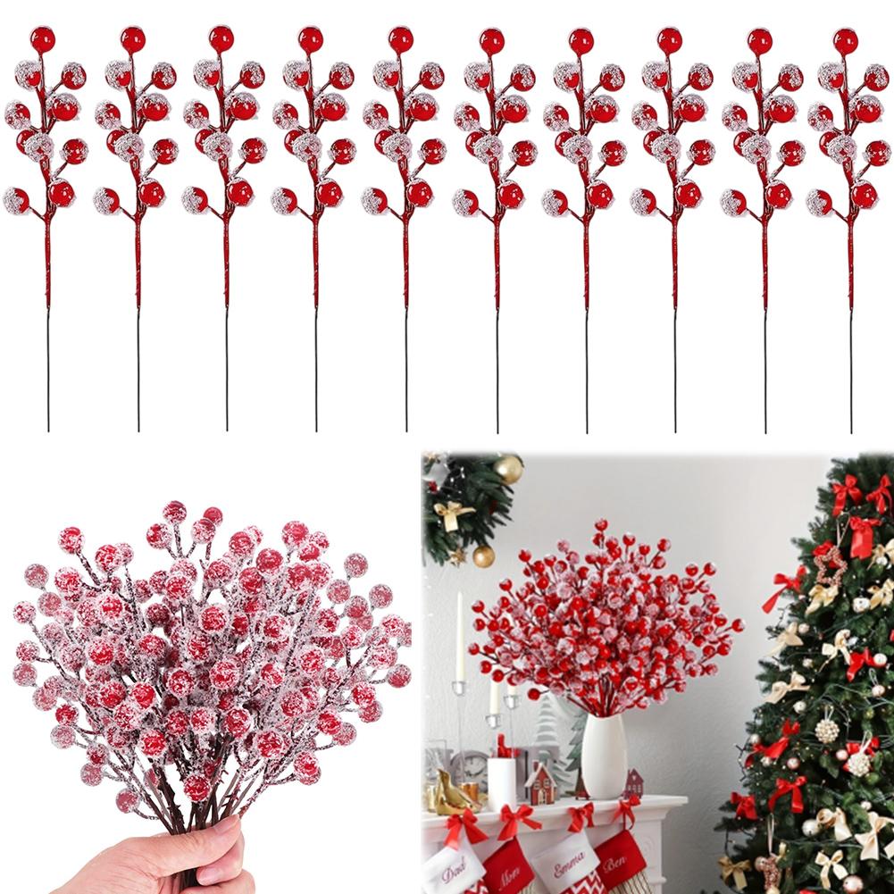 10Pcs Chritsmas Tree Pendant Christmas Artificial Berries Stem Holly Frosted Berry Picks for Xmas Tree New Year Party Home Decor
