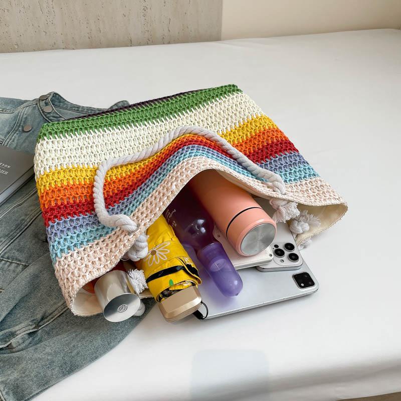 Повседневная пляжная сумка с полосатым переплетением Большая вместимость Пляжная сумка в ленивом стиле Радуга в стиле бохо Полая сумка-тоут в уличном стиле