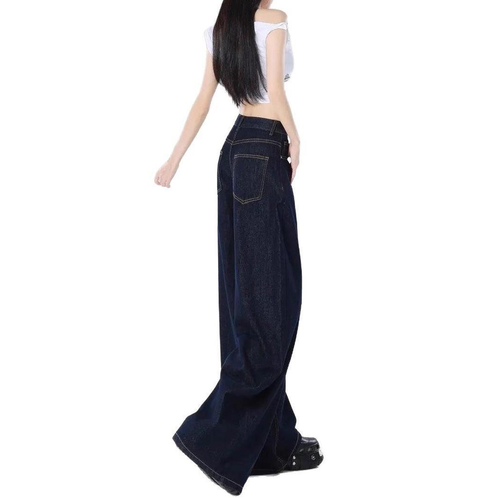 Темно-синие джинсы с высокой посадкой в стиле ретро и широкими штанинами - женские брюки свободного кроя длиной до пола на лето/осень