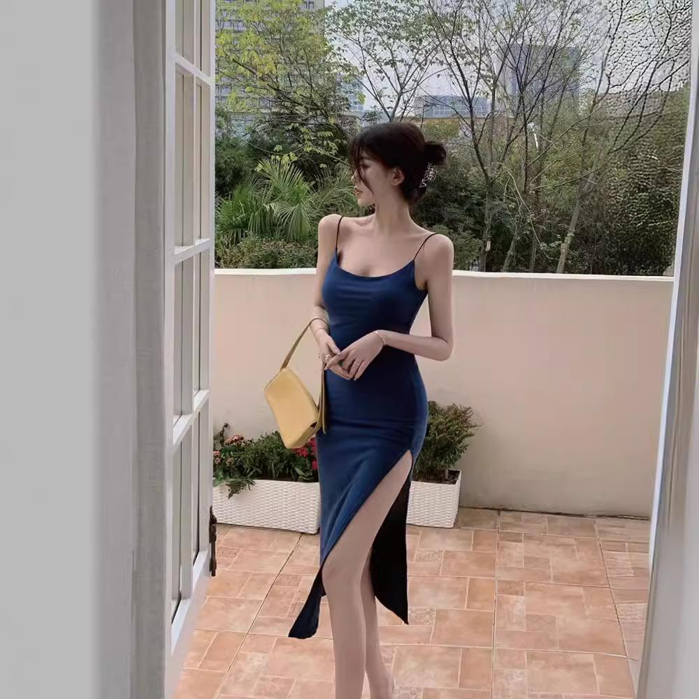 Autumn new European and American versatile slim-fitting dress sexy halter split fork medium and long hip-wrapped suspender long dress women