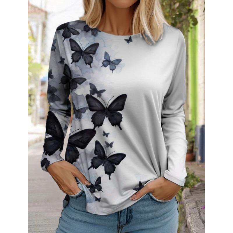 Women's White Long-sleeved Tops Round Neck Casual Tops 3d Print Butterfly Ink Print Ladies Fashion Long-sleeved T-shirt