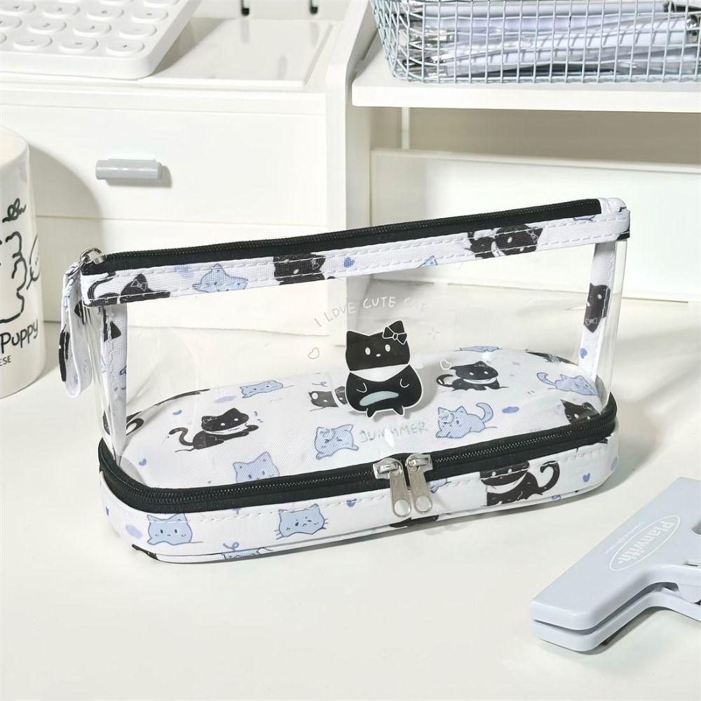 Cartoon Student Pencil Pouch Canvas Stationery Storage Bag Simplicity Transparent Pencil Case  Girl