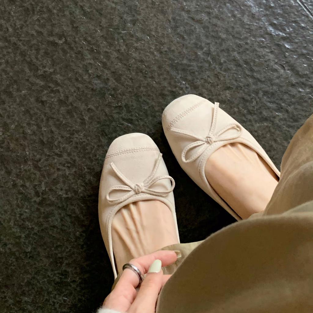 Cowhide Version~ French Bow Leather Ballet Shoes Women's Small Heel Single Shoes Mary Jane Ballet Flat Shoes Low Heel