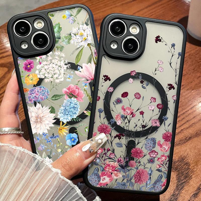 Матовый чехол с цветочным принтом и магнитами для iPhone 17 Air 16e 16 15 14 13 12 Pro Max 11 Для беспроводной зарядки Magsafe Жесткая крышка для телефона