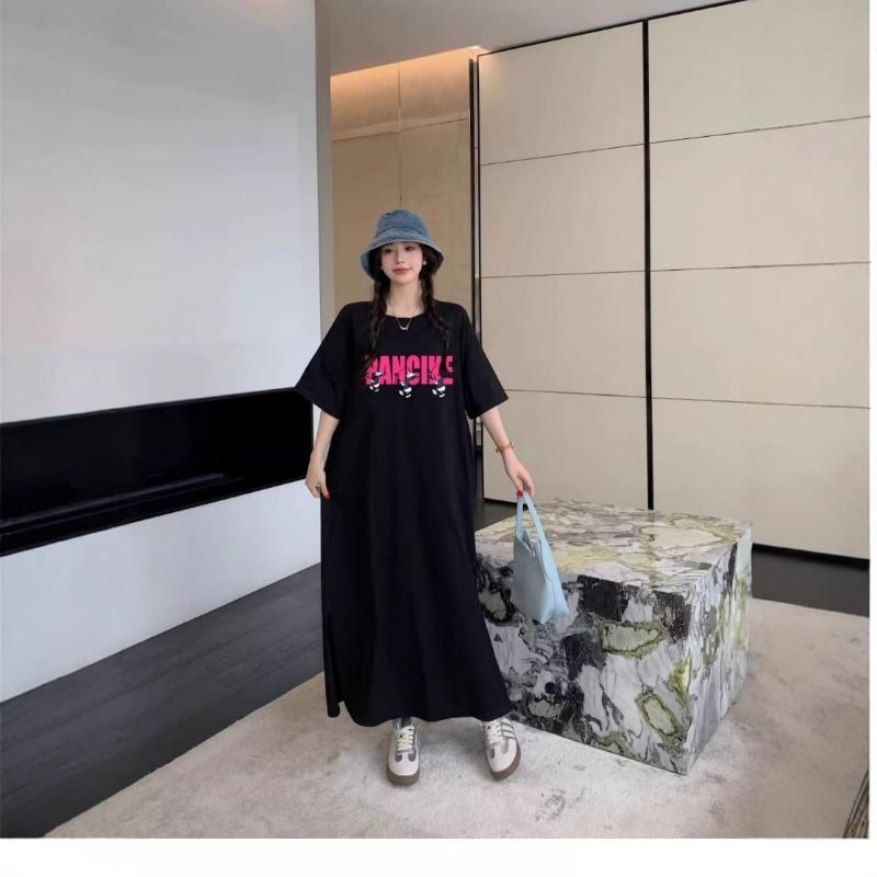 Женское простое повседневное платье с круглым вырезом и короткими рукавами, летнее платье средней длины с разрезом