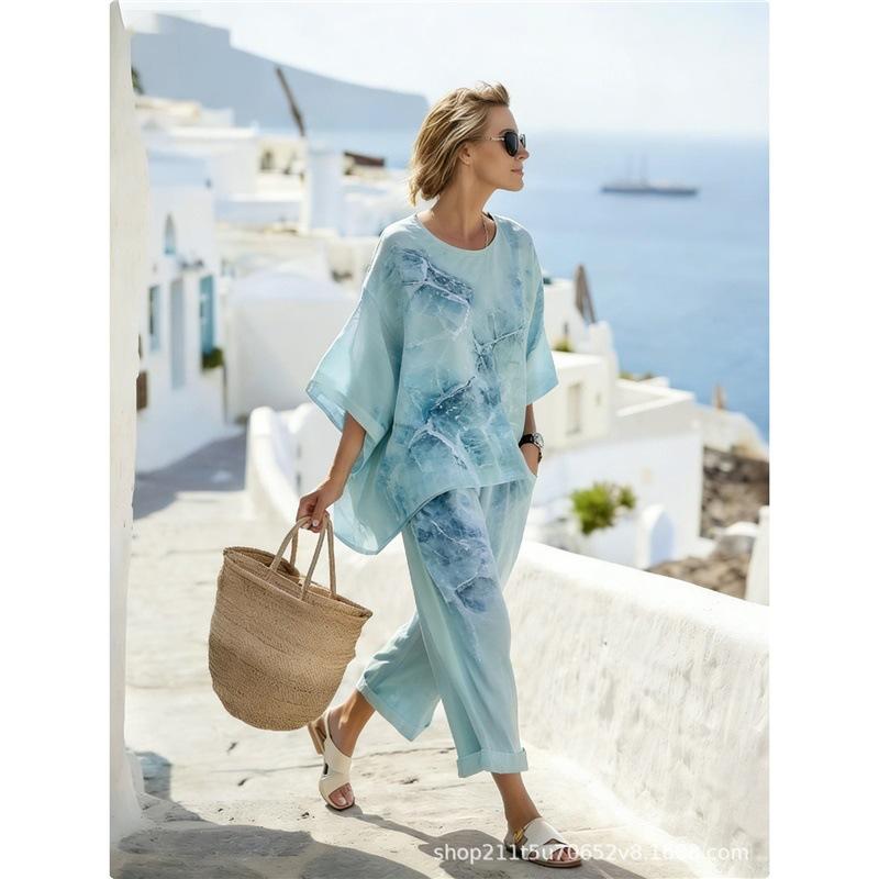 New summer women's round neck gradual change 1D printing casual seven-quarter sleeve set vacation two-piece set