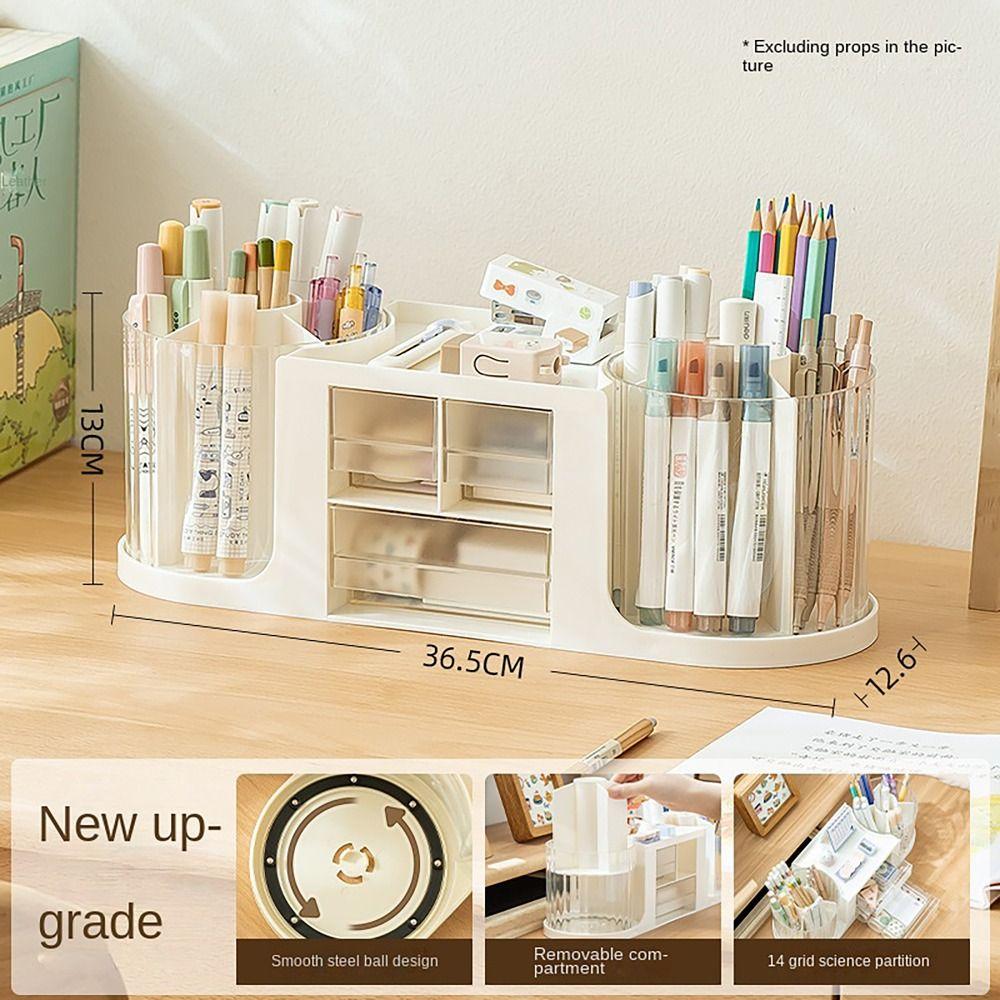 Double Rotation Drawer Pen Holder Desk Stationery Storage Pencil Container Students