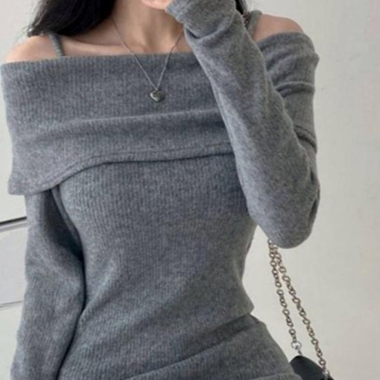 Women Knitting Tops Off Shoulder Long Sleeve Solid Color Slim Fit Pullover