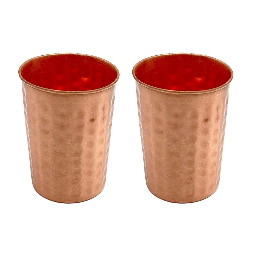 Набор из 2 стаканов ручной работы из кованой меди | Кружка для воды из чистой меди с крышками | 350 мл для аюрведической пользы для здоровья