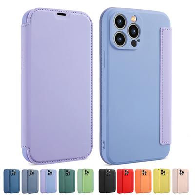 Флип-кожаный чехол из жидкого силикона для APPLE iphone 12 13 14 11 Pro Max X XR XS Max 14 Plus, сплошной цвет, защитная карта для объектива, чехол-книжка
