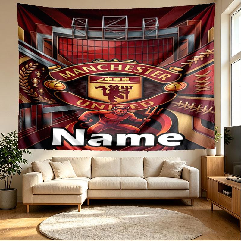 Custom Name Personalized Manchester United Print Tapestry, Wall Art Decor, Bedroom, Dorm, Apartment, LivingRoom, Party Backdrop, Gift for Birthday