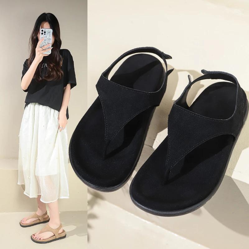 Женские сандалии на толстой подошве Toe Clip One Kick Suede Leather Shoes для женщин, для отдыха на пляже, новые модные ретро-сандалии De Mujer