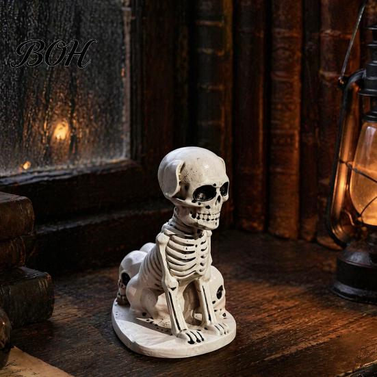 Realistic Carving Skeleton Animal Halloween Dog/Cat Skull Figurine, Resin Gothic Statue Decorative Figurine Set for Desk Fireplace, Spooky Home