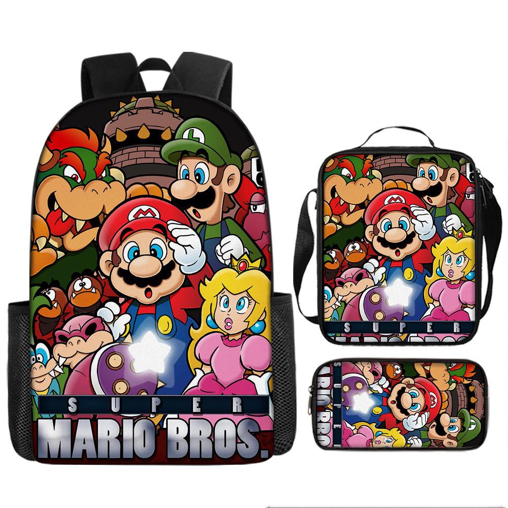 Large Capacity Backpack Set Super Mario Graphic Kids Backpack School Bag 3-Piece Set for Children