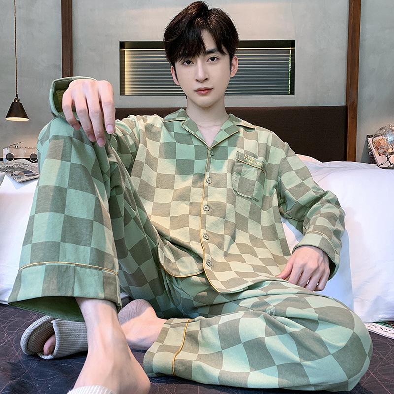 Хлопковая мужская пижама весна-осень с длинными рукавами ночная рубашка новый кардиган в клетку домашняя одежда для сна одежда для отдыха