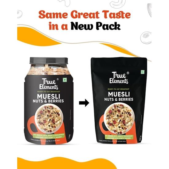 True Elements Мюсли Crunchy Nuts & Berries, миндаль и клюква 1 кг - Мюсли Nuts Delight - 30% ягод | Белковые мюсли | Здоровый завтрак