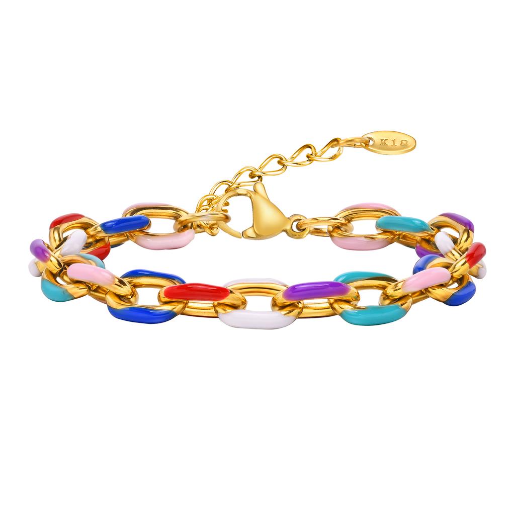 Statement Chain Bracelet for Women, Charm Cuban Stainless Steel 18k Gold Plated Adjustable Stackable Jewelry