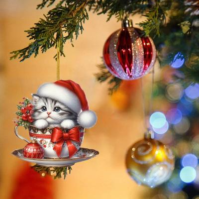 Юшэн Акриловая Чайная Чашка Кот Подвесные Украшения Милый Мультяшный Кот Рождественское Украшение 2D Плоский Шарм для Зеркала Заднего Вида Автомобиля для Украшения Рождественской Елки