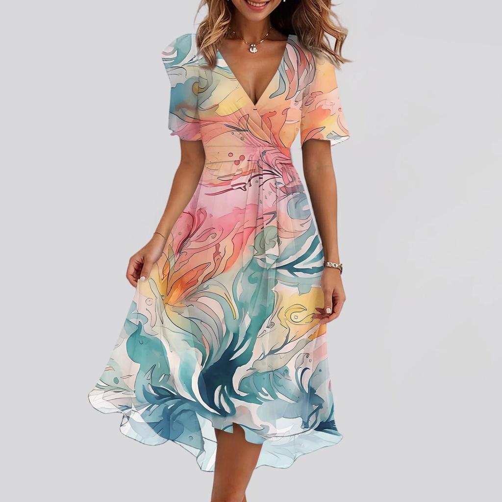 Женский летний повседневный сарафан миди с текстурным принтом, запахом, V-образным вырезом, оборками, капюшоном, короткими рукавами, поясом, А-силуэта, с оборкой по подолу