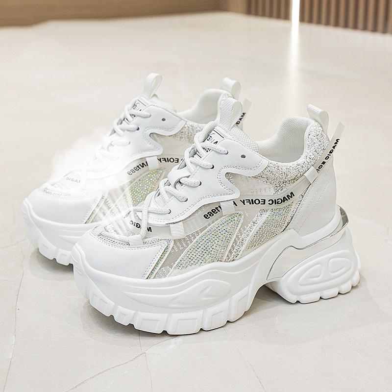 Летние дышащие сетчатые туфли на толстой подошве с увеличением высоты на 9 см, со стразами, для повседневной носки и занятий спортом, с увеличением высоты каблука, женская обувь