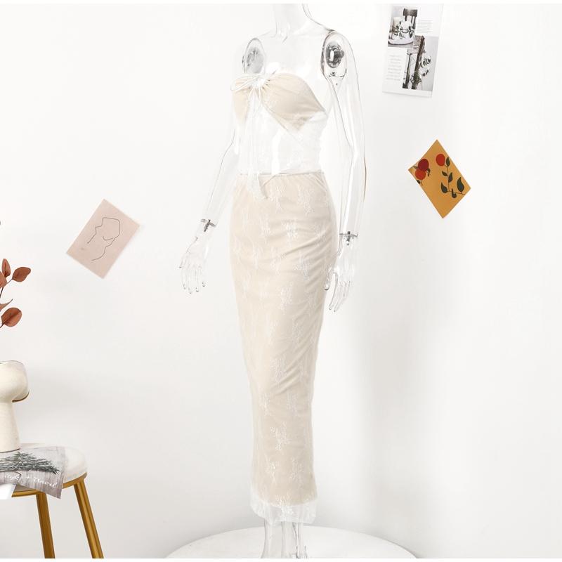 Сексуальные комплекты юбок без бретелек с кружевным принтом, женский прозрачный укороченный топ, длинная юбка, одинаковый комплект, женский костюм из двух предметов для ночного клуба