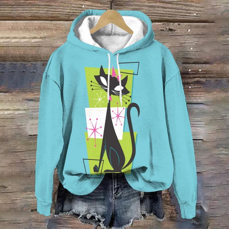 Милая кошечка женская толстовка с капюшоном для осени/зимы женская одежда Harajuku Kawaii Animal Print Long Sleeves Sweatshirt Fashion Casual Top