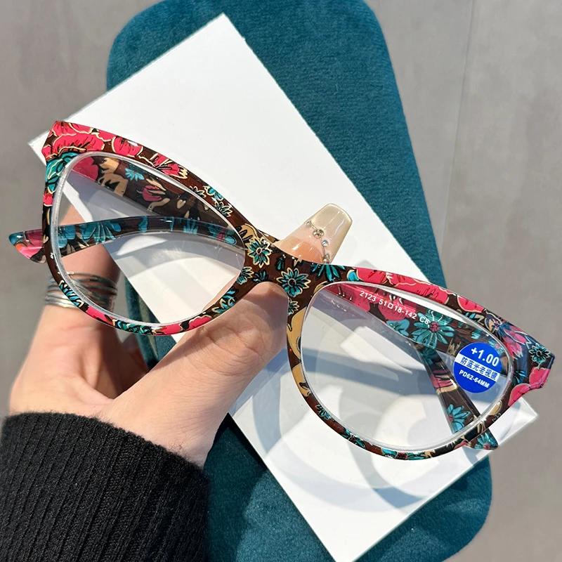 Стильные очки для чтения «кошачий глаз» для женщин и мужчин, винтажные, ретро, с цветочным принтом, модные, ультралегкие, для пресбиопии, с диоптриями плюс